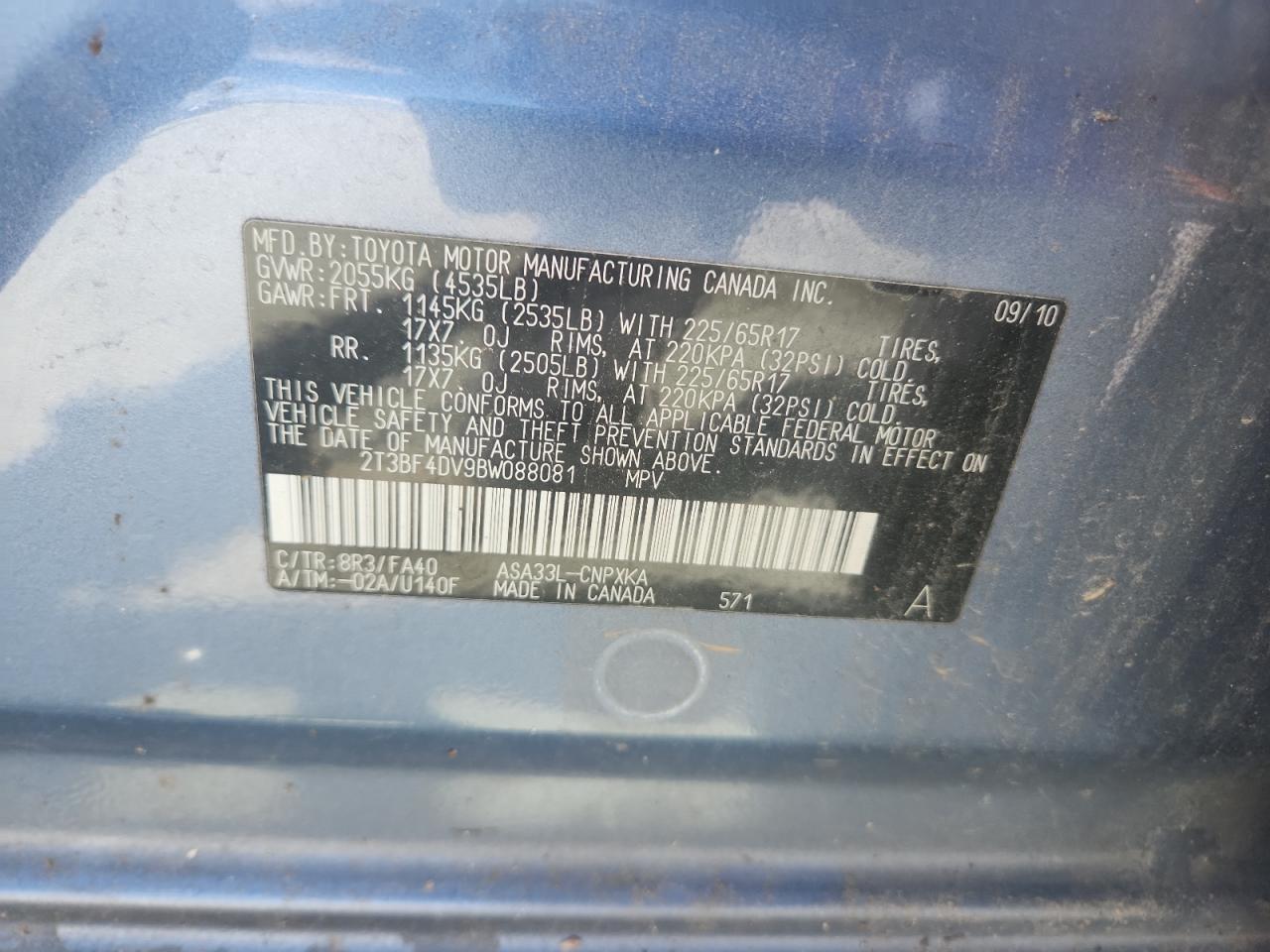 2011 Toyota Rav4 VIN: 2T3BF4DV9BW088081 Lot: 65393555
