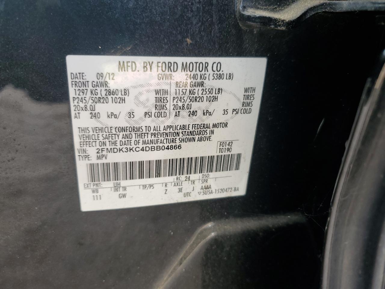 2013 Ford Edge Limited VIN: 2FMDK3KC4DBB04866 Lot: 63512665
