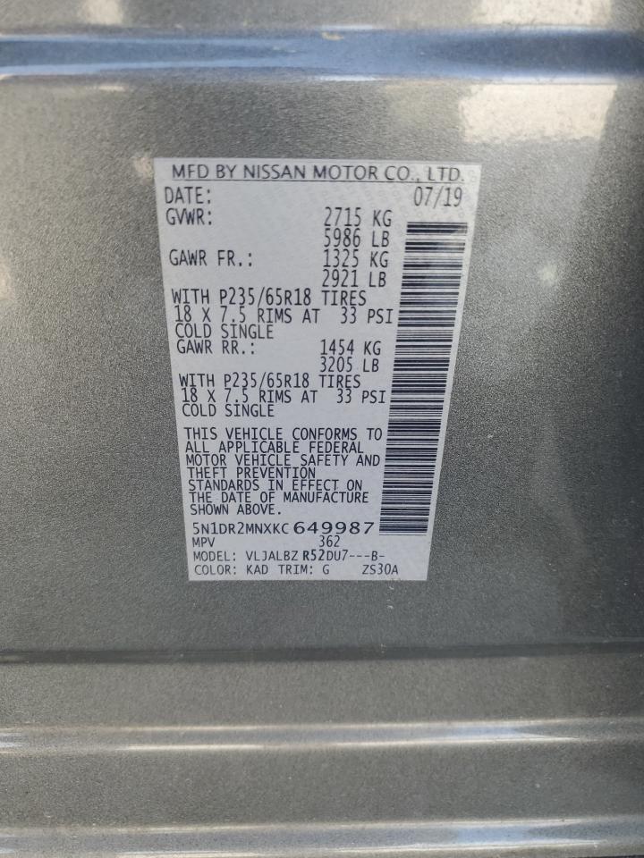 2019 Nissan Pathfinder S VIN: 5N1DR2MNXKC649987 Lot: 63408395