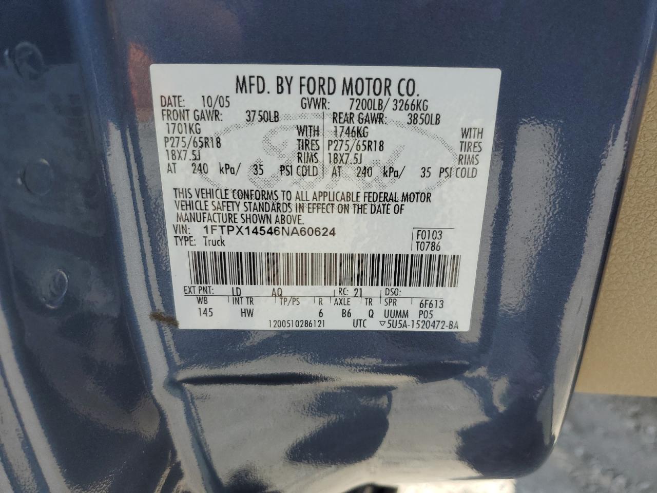 2006 Ford F150 VIN: 1FTPX14546NA60624 Lot: 65115705
