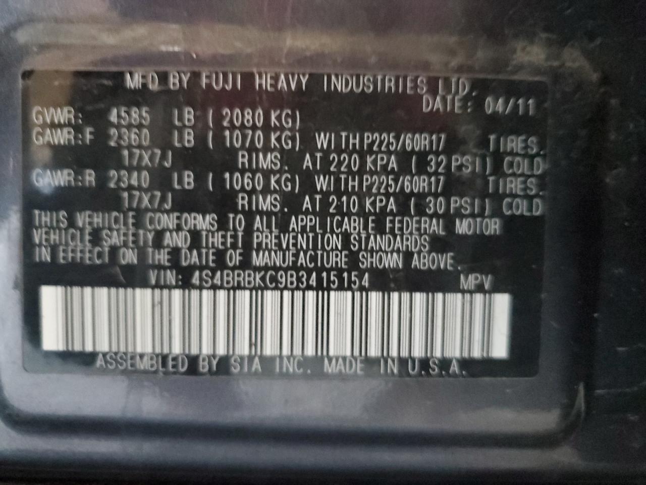 2011 Subaru Outback 2.5I Limited VIN: 4S4BRBKC9B3415154 Lot: 66967585