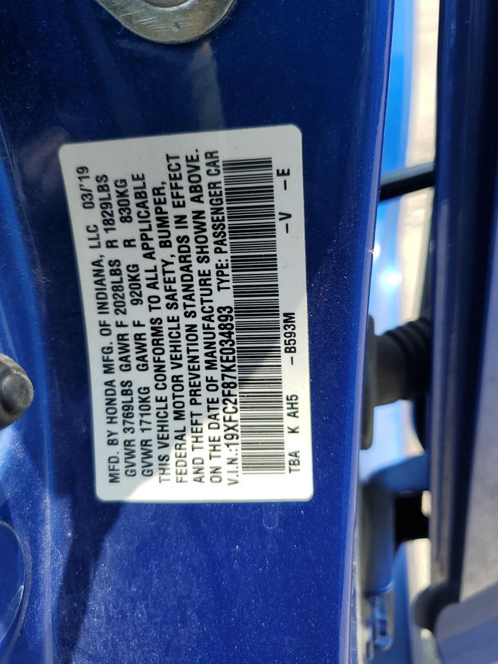 2019 Honda Civic Sport VIN: 19XFC2F87KE034893 Lot: 65192065