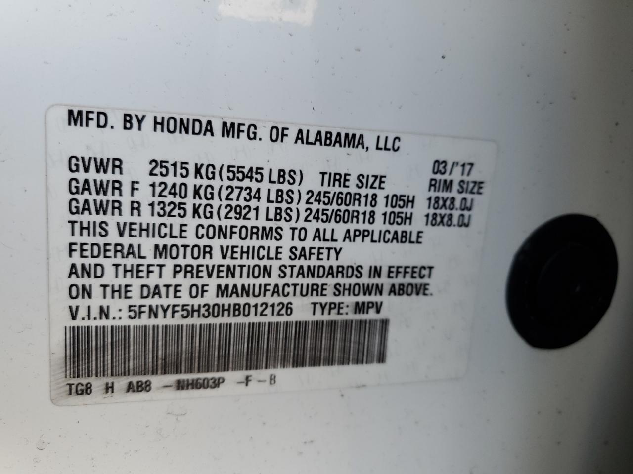 2017 Honda Pilot Ex VIN: 5FNYF5H30HB012126 Lot: 62671845