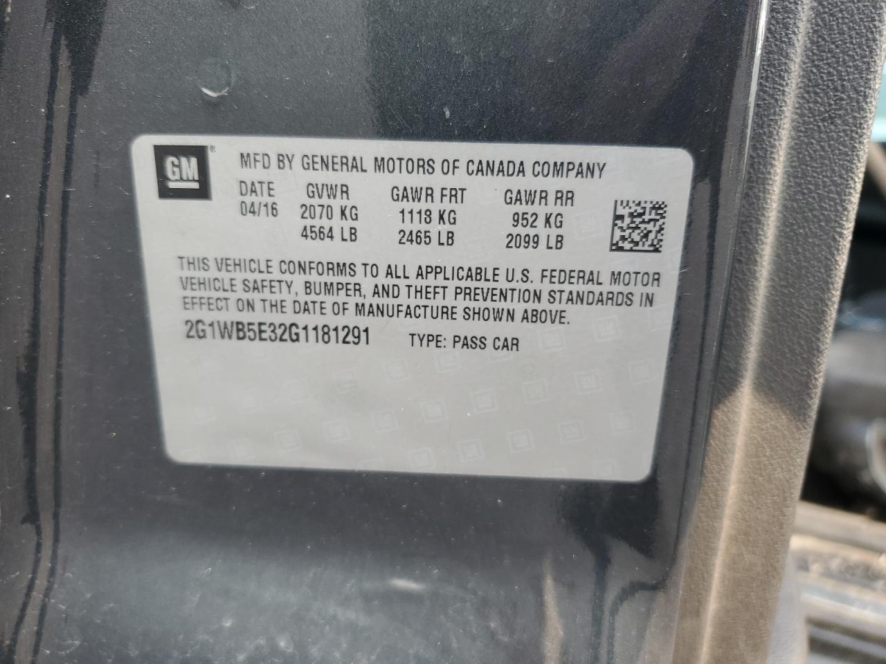 2016 Chevrolet Impala Limited Lt VIN: 2G1WB5E32G1181291 Lot: 67012405