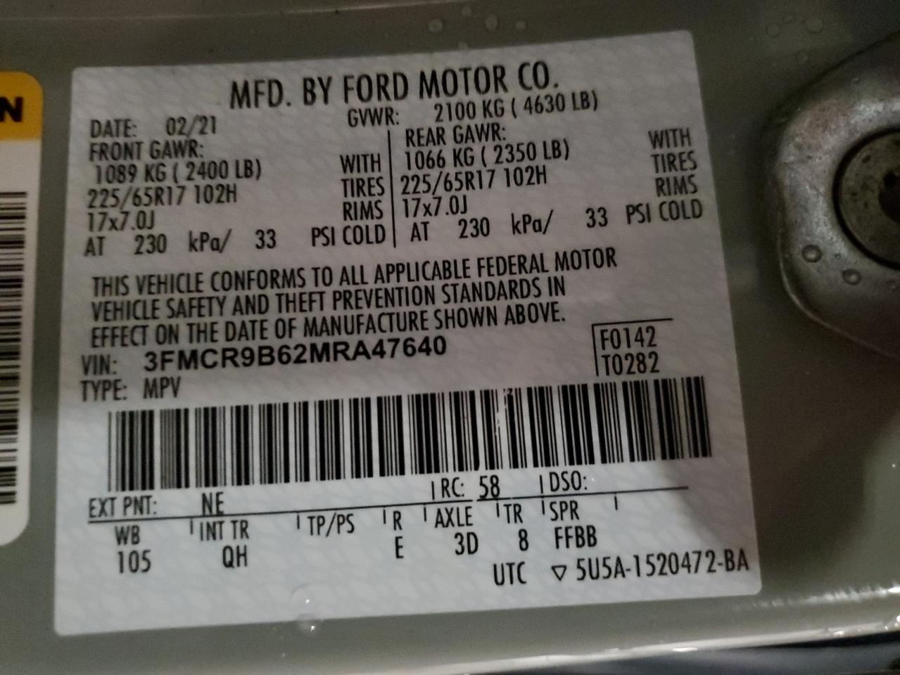 2021 Ford Bronco Sport Big Bend VIN: 3FMCR9B62MRA47640 Lot: 63657655