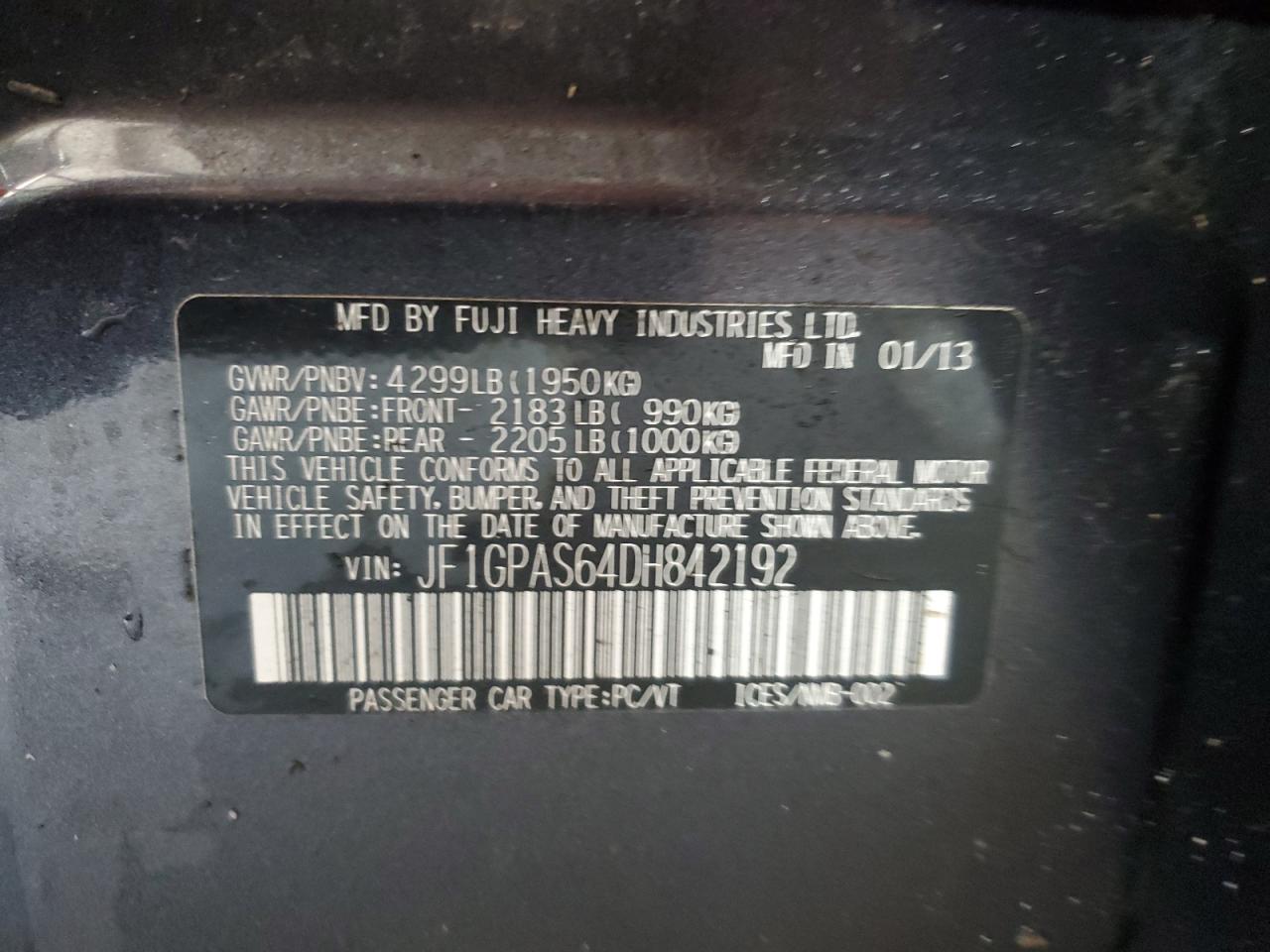 2013 Subaru Impreza Sport Limited VIN: JF1GPAS64DH842192 Lot: 66107955