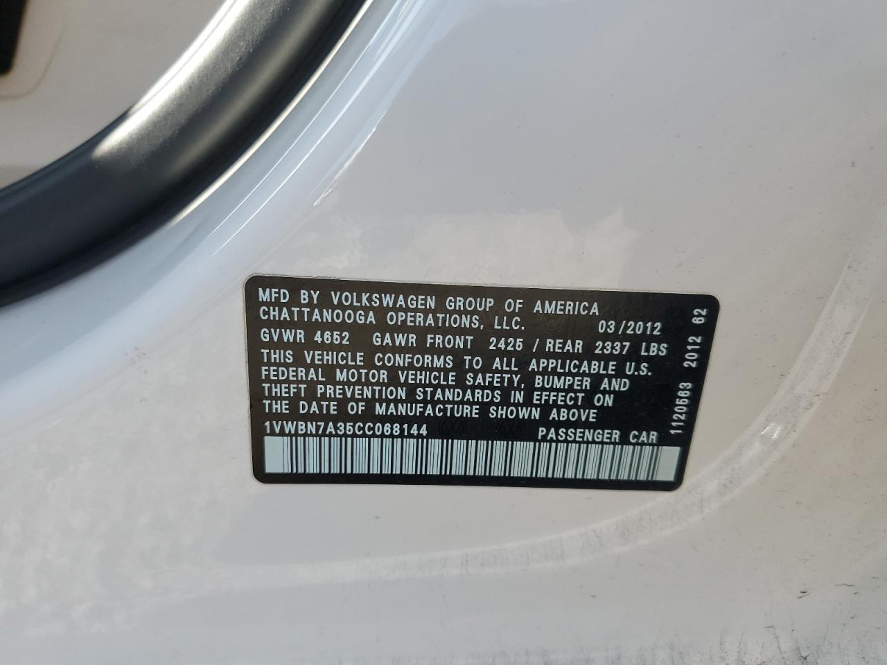 2012 Volkswagen Passat Se VIN: 1VWBN7A35CC068144 Lot: 63330685