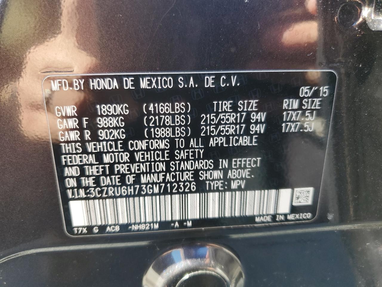 2016 Honda Hr-V Exl VIN: 3CZRU6H73GM712326 Lot: 65878055