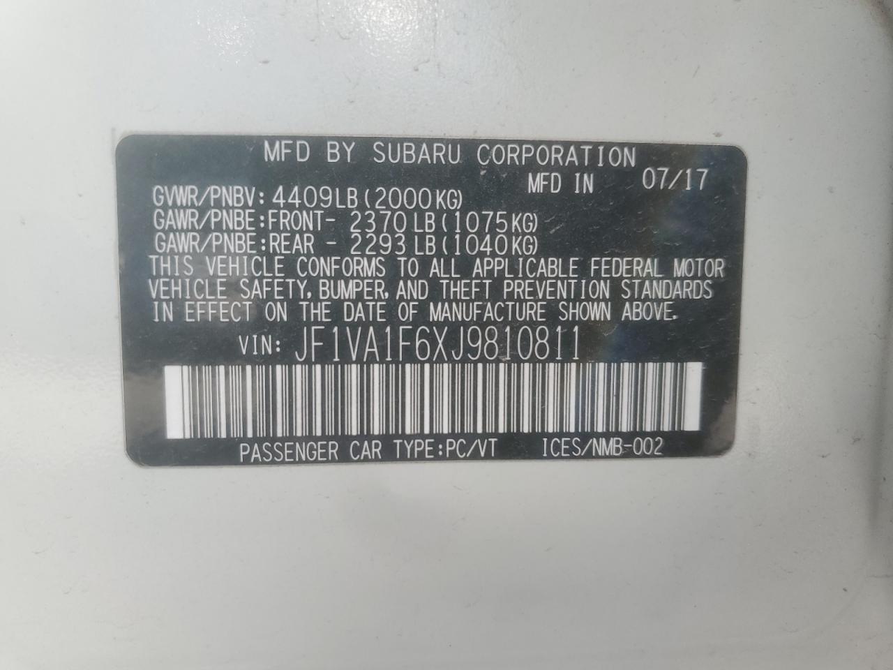 2018 Subaru Wrx Limited VIN: JF1VA1F6XJ9810811 Lot: 64605125