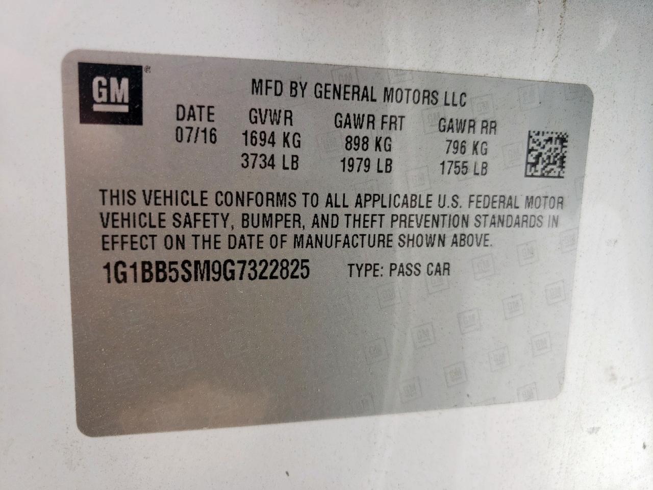 2016 Chevrolet Cruze Ls VIN: 1G1BB5SM9G7322825 Lot: 64570535