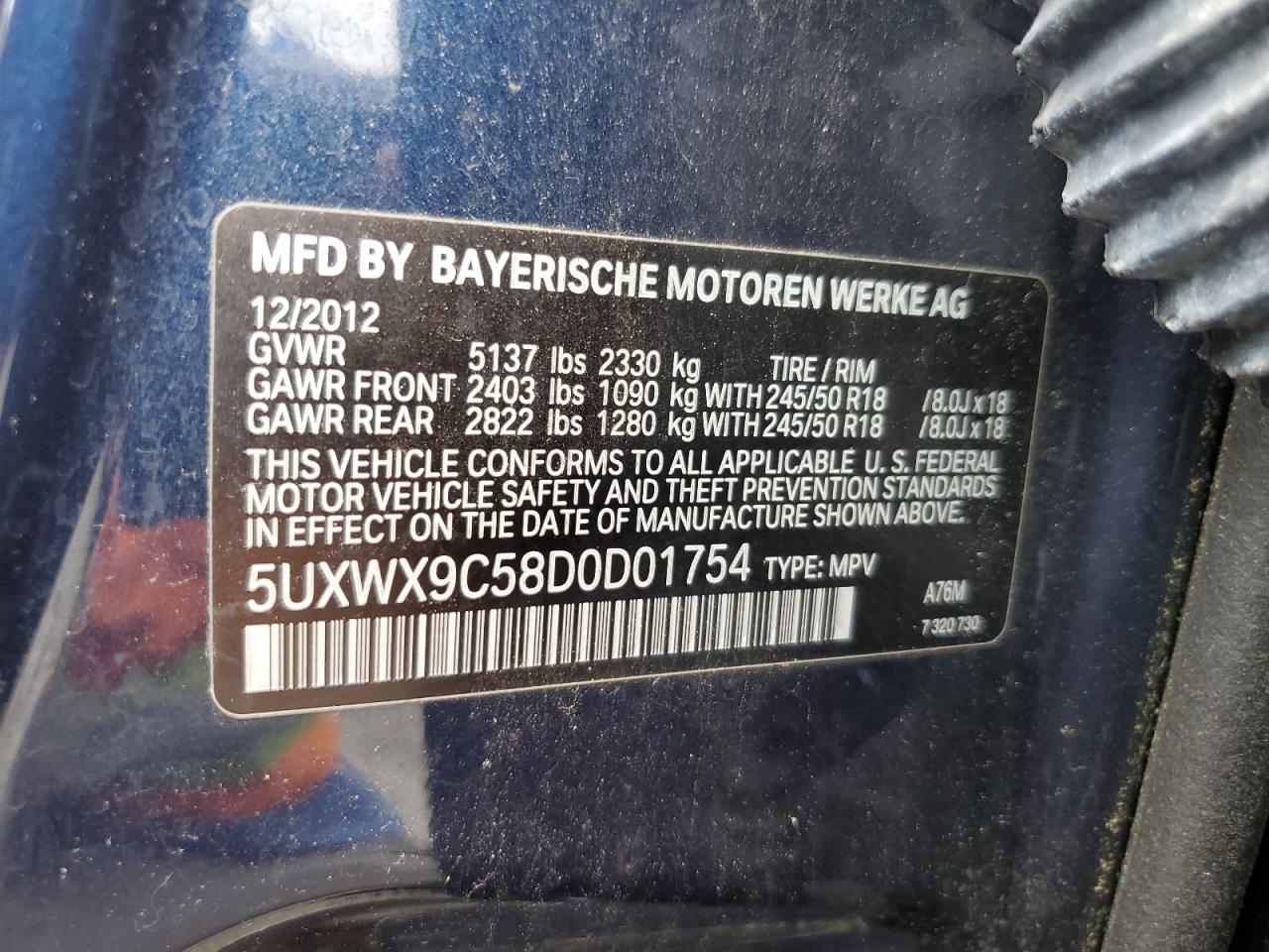 2013 BMW X3 xDrive28I VIN: 5UXWX9C58D0D01754 Lot: 62111765
