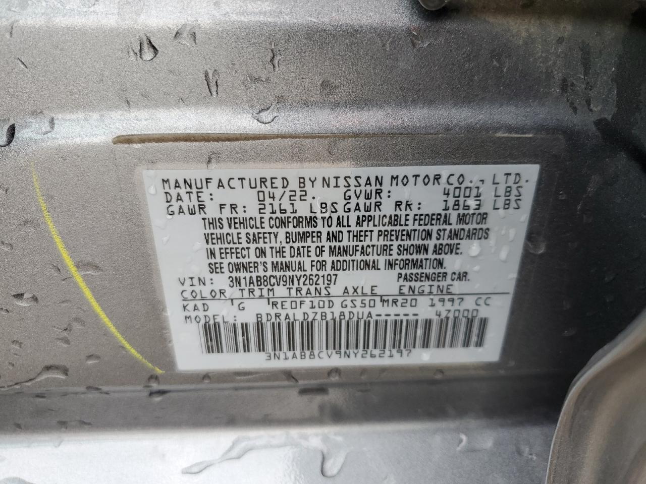 2022 Nissan Sentra Sv VIN: 3N1AB8CV9NY262197 Lot: 64576145