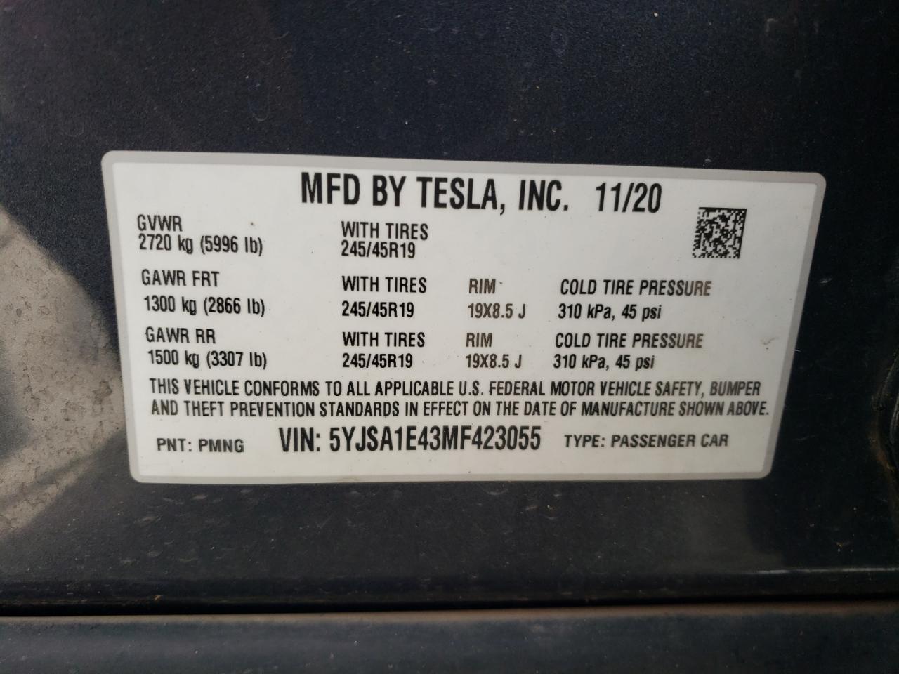 2021 Tesla Model S VIN: 5YJSA1E43MF423055 Lot: 63622075