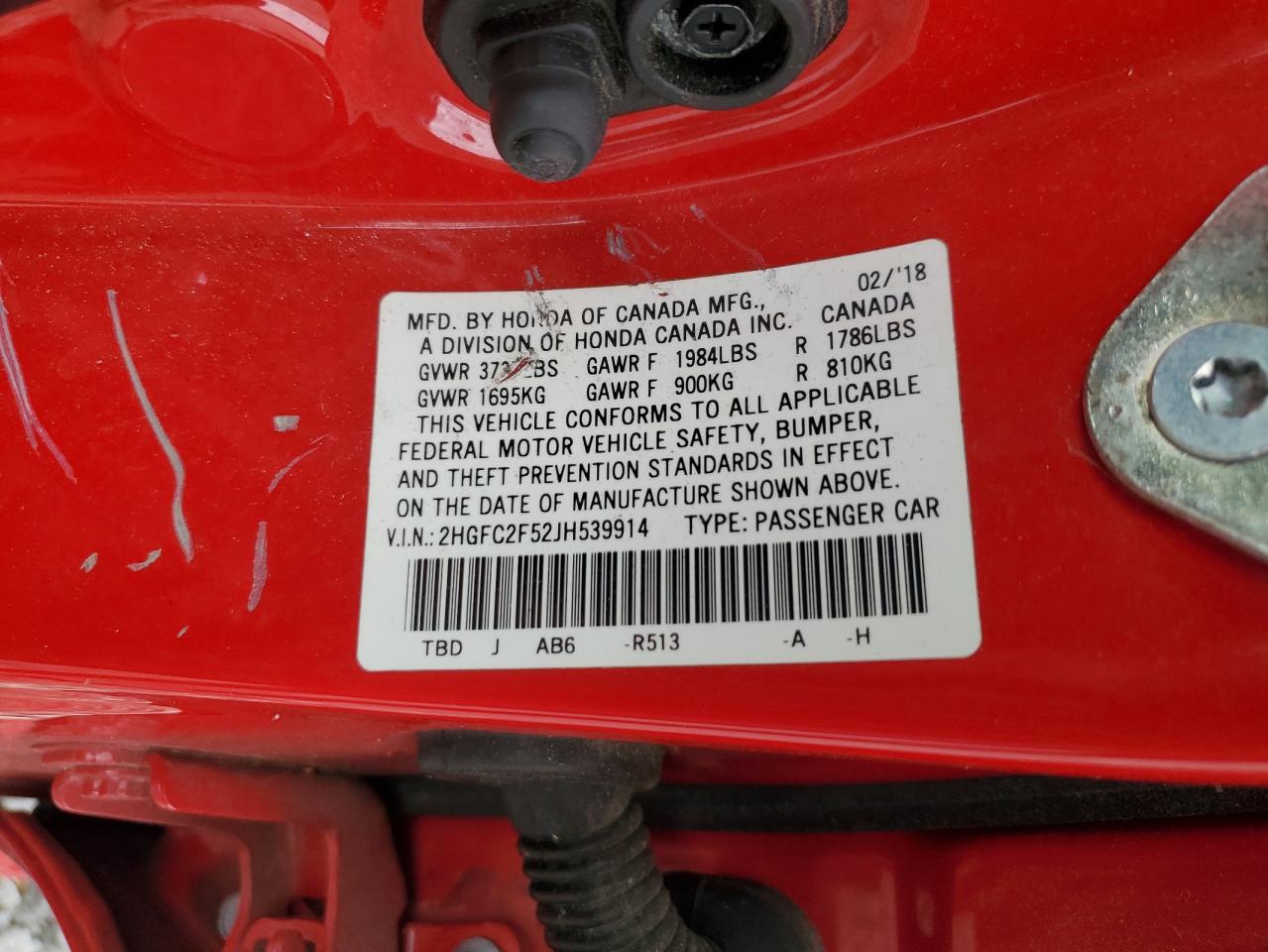2018 Honda Civic Lx VIN: 2HGFC2F52JH539914 Lot: 64771635