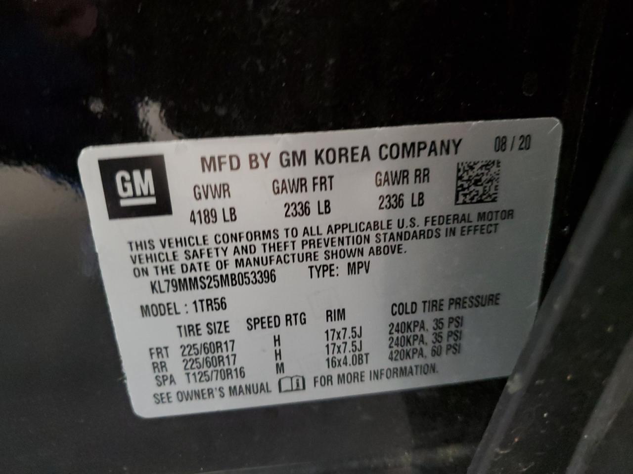 2021 Chevrolet Trailblazer Ls VIN: KL79MMS25MB053396 Lot: 63881365