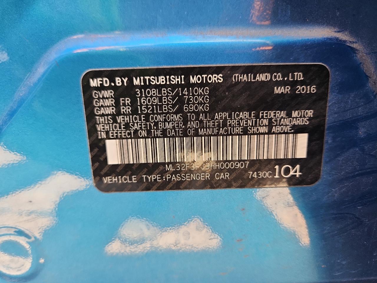2017 Mitsubishi Mirage G4 Es VIN: ML32F3FJ3HH000907 Lot: 63851565