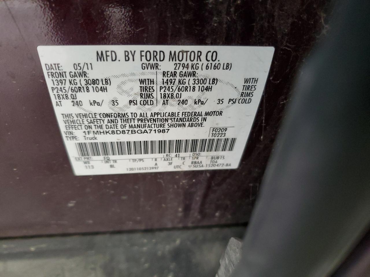2011 Ford Explorer Xlt VIN: 1FMHK8D87BGA71987 Lot: 64842505