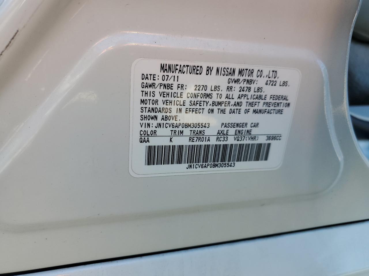 2011 Infiniti G37 Base VIN: JN1CV6AP0BM305543 Lot: 63462705