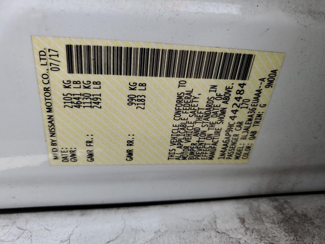 2017 Nissan Maxima 3.5S VIN: 1N4AA6AP9HC442484 Lot: 64423935