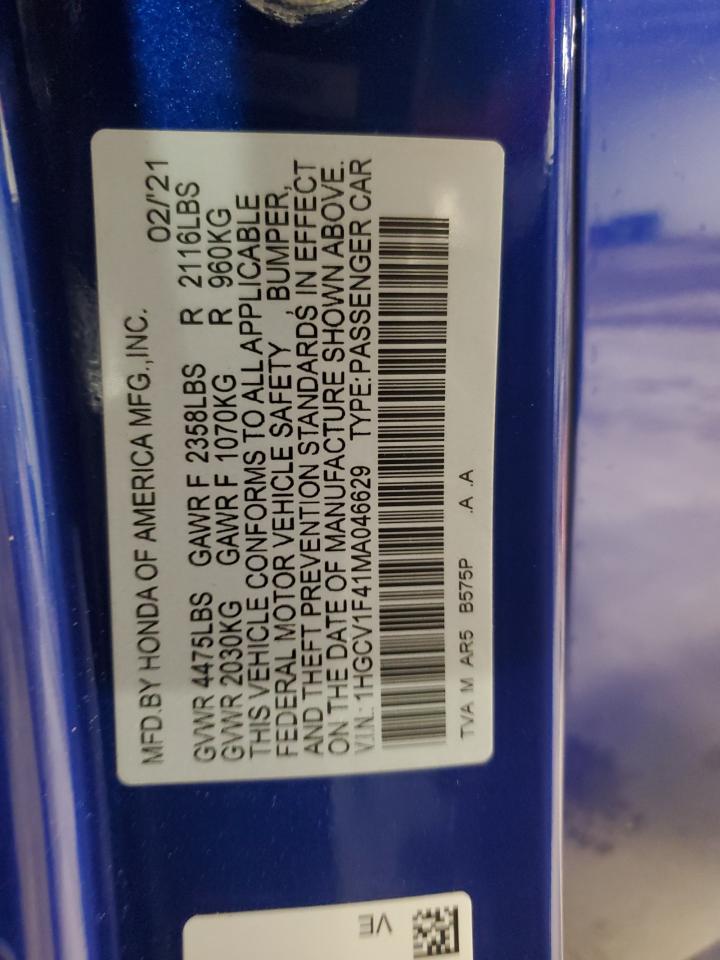 2021 Honda Accord Sport Se VIN: 1HGCV1F41MA046629 Lot: 63282875