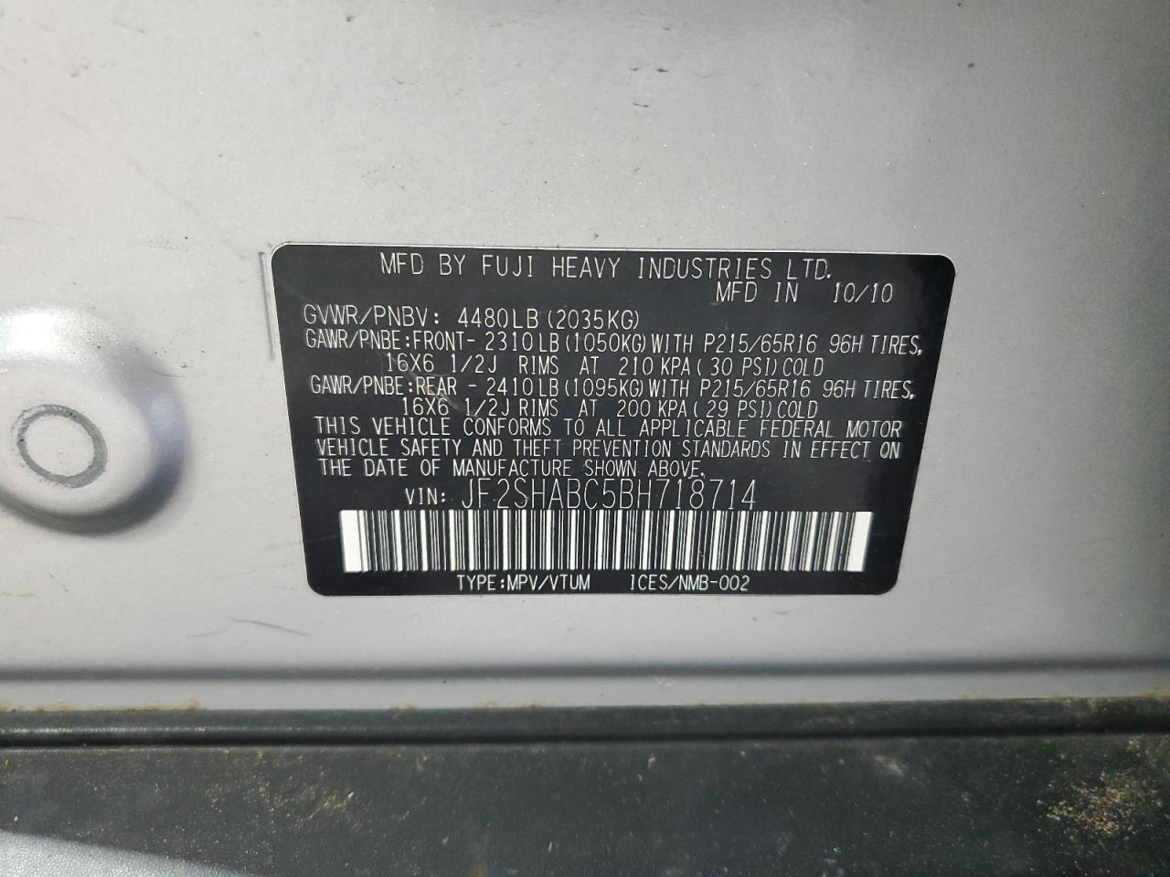 2011 Subaru Forester 2.5X VIN: JF2SHABC5BH718714 Lot: 64555825