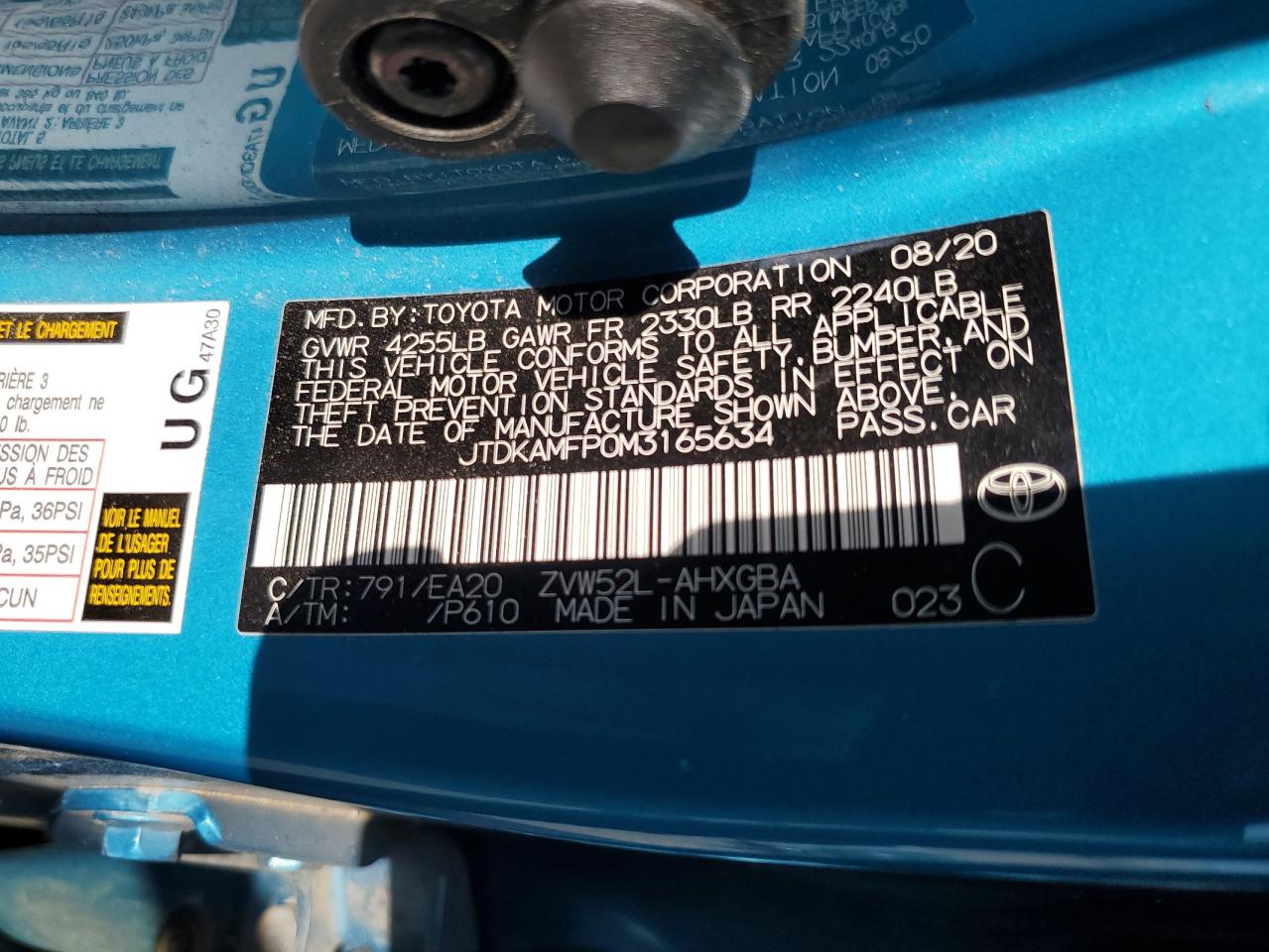 2021 Toyota Prius Prime Le VIN: JTDKAMFP0M3165634 Lot: 62217185