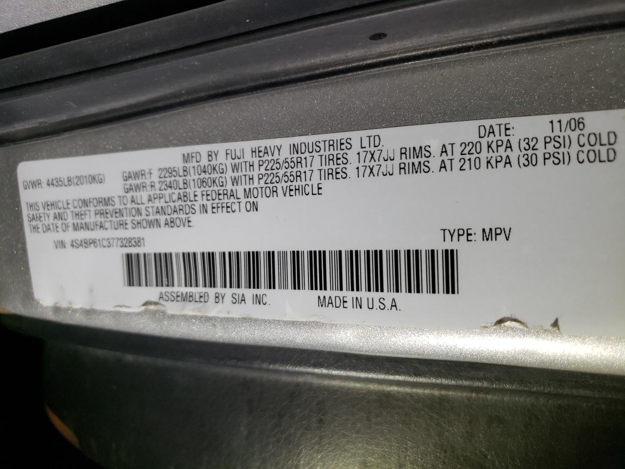 2007 Subaru Outback Outback 2.5I VIN: 4S4BP61C377328381 Lot: 66230405