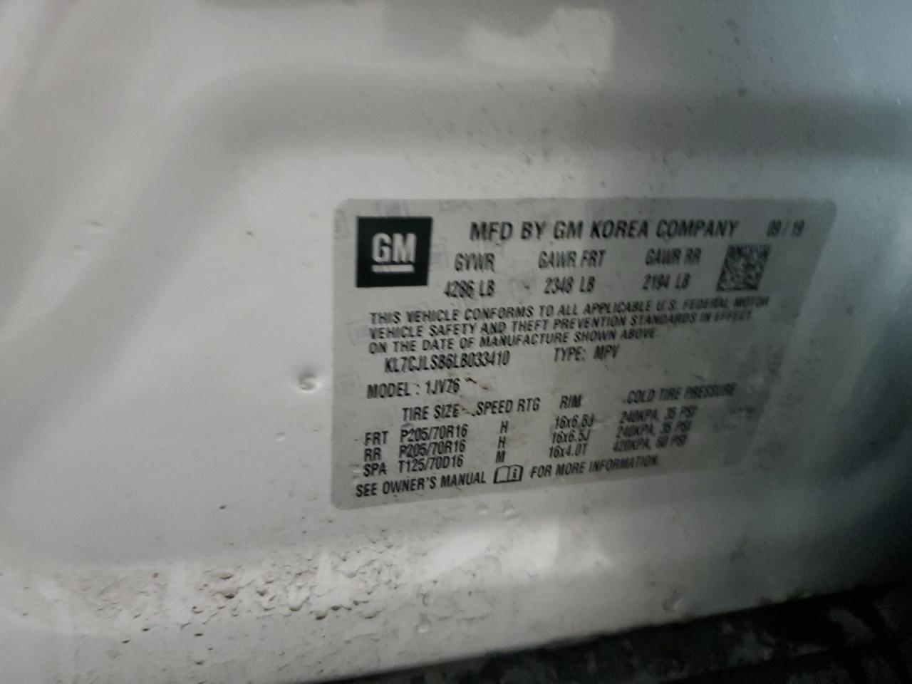 2020 Chevrolet Trax 1Lt VIN: KL7CJLSB6LB033410 Lot: 64651995