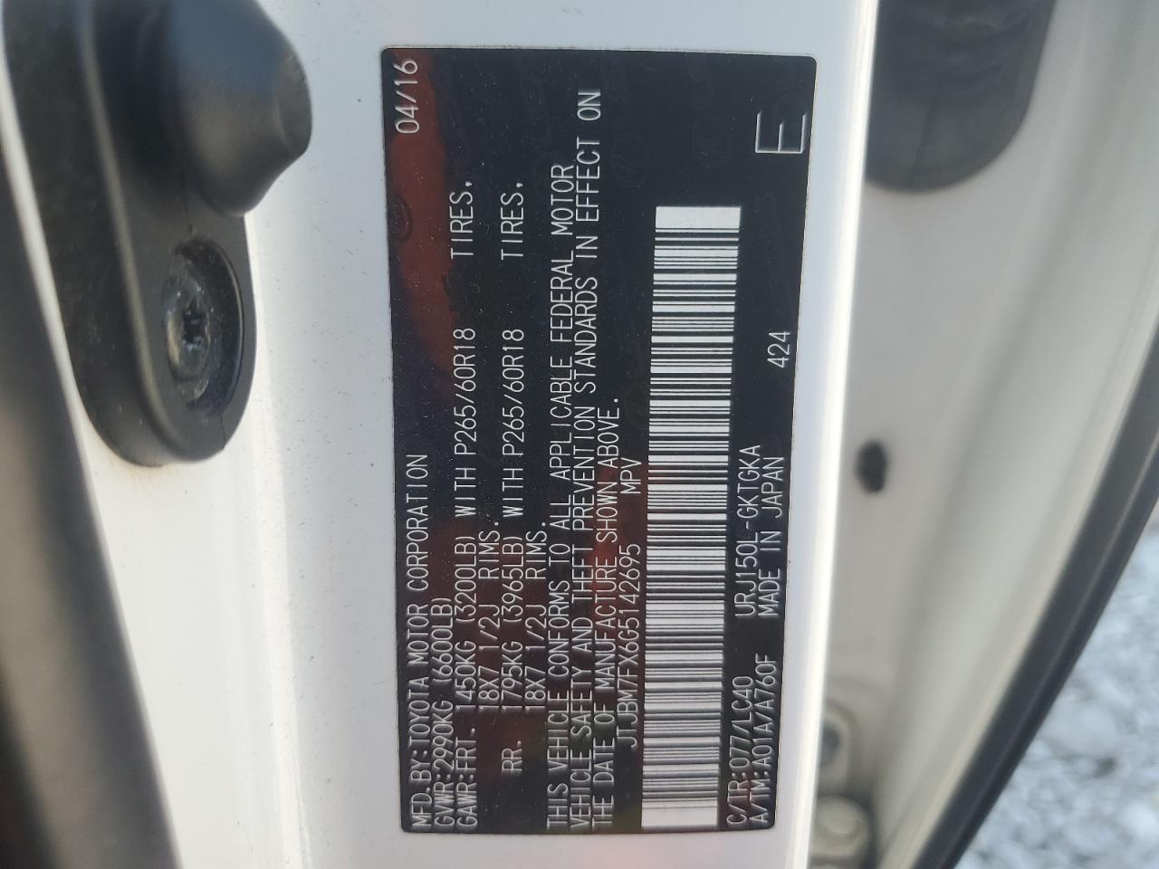 2016 Lexus Gx 460 VIN: JTJBM7FX6G5142695 Lot: 63373455