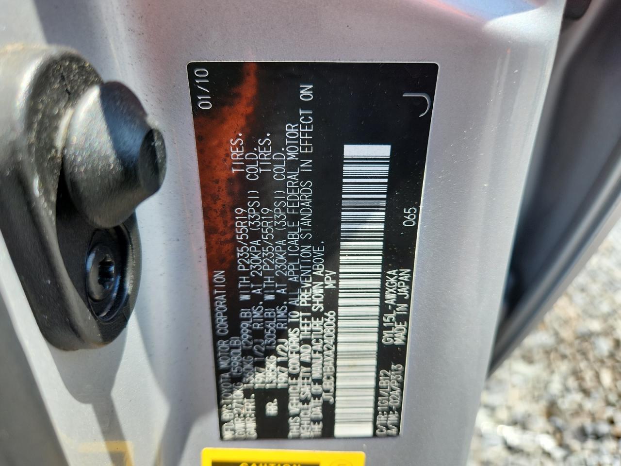 2010 Lexus Rx 450H VIN: JTJBC1BAXA2408066 Lot: 62695435