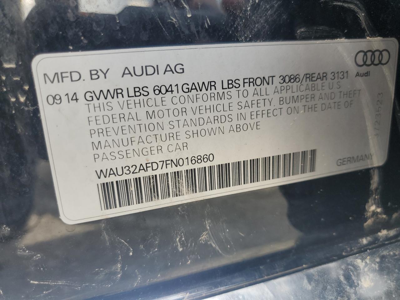 2015 Audi A8 L Quattro VIN: WAU32AFD7FN016860 Lot: 65257235