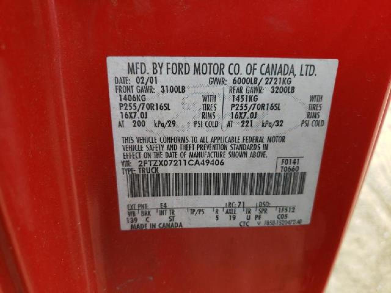 2001 Ford F150 VIN: 2FTZX07211CA49406 Lot: 60475125