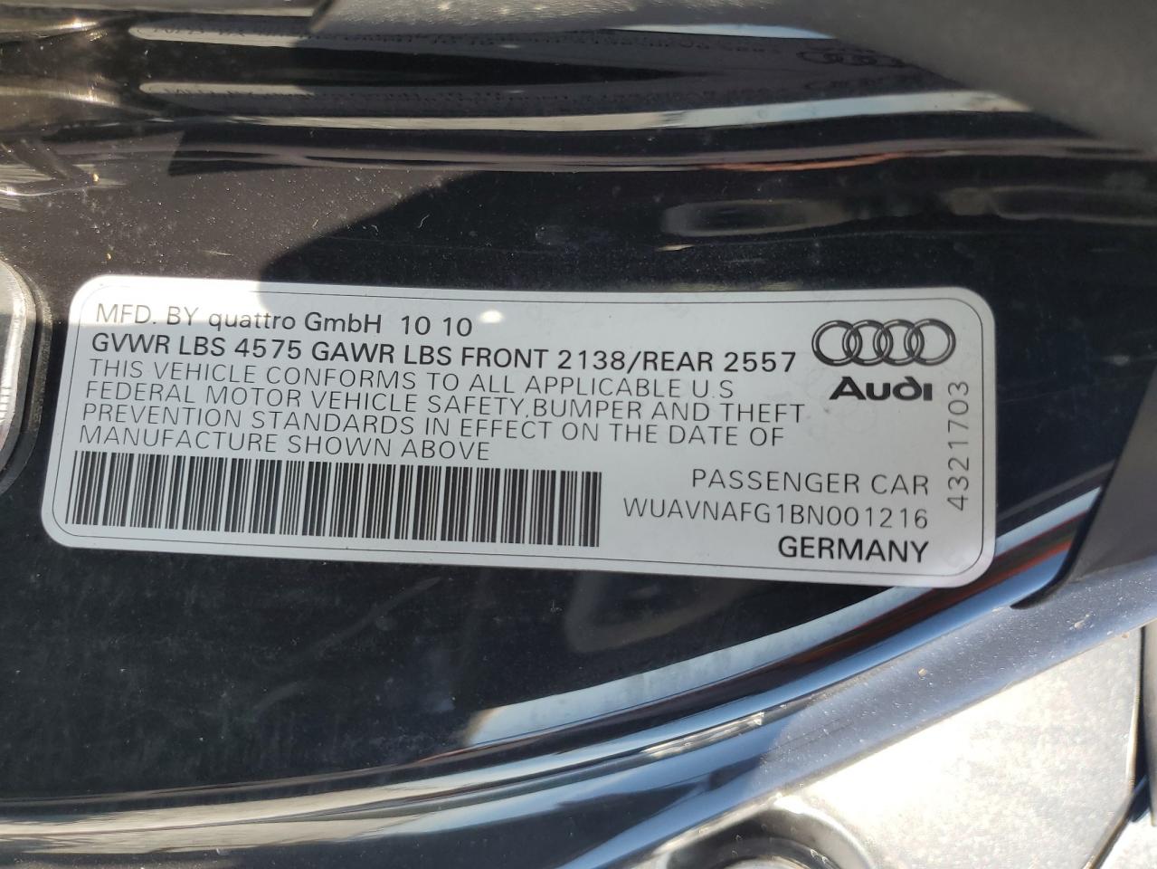2011 Audi R8 5.2 Quattro VIN: WUAVNAFG1BN001216 Lot: 64072045