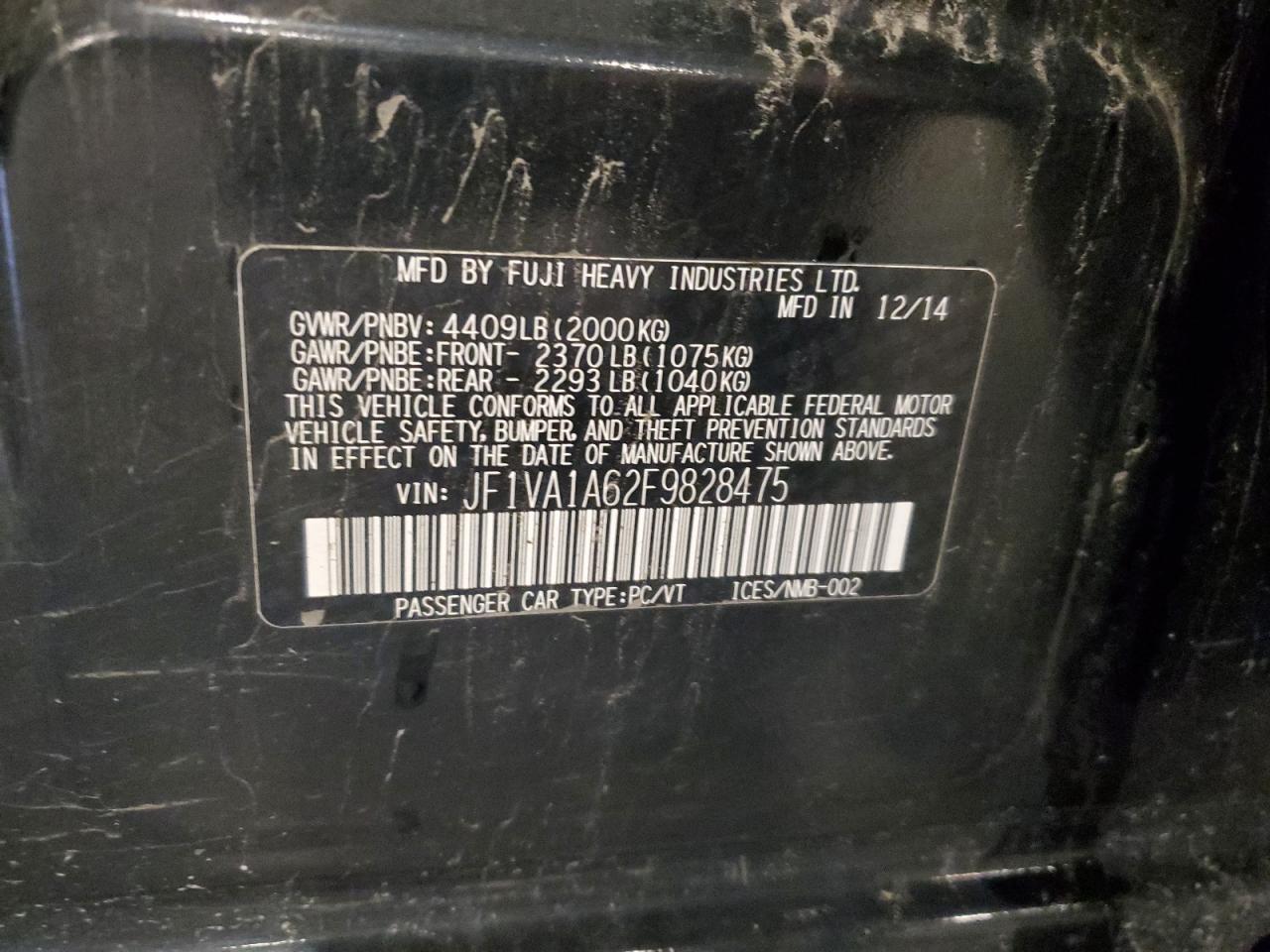 2015 Subaru Wrx VIN: JF1VA1A62F9828475 Lot: 64818785