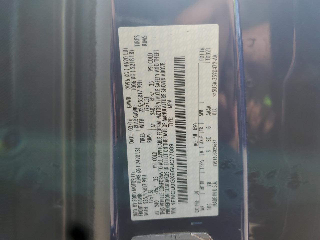 2016 Ford Escape Se VIN: 1FMCU0GX6GUC77089 Lot: 65328095