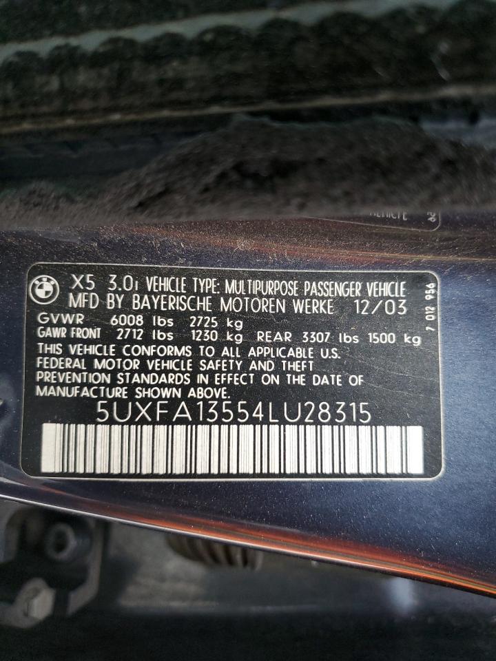 2004 BMW X5 3.0I VIN: 5UXFA13554LU28315 Lot: 64501495