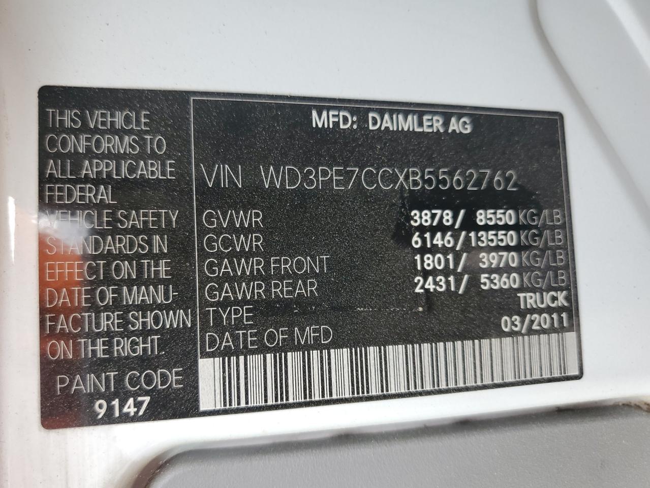 2011 Mercedes-Benz Sprinter 2500 VIN: WD3PE7CCXB5562762 Lot: 65396955