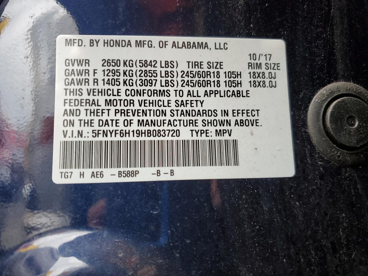 2017 Honda Pilot Lx VIN: 5FNYF6H19HB083720 Lot: 63701985