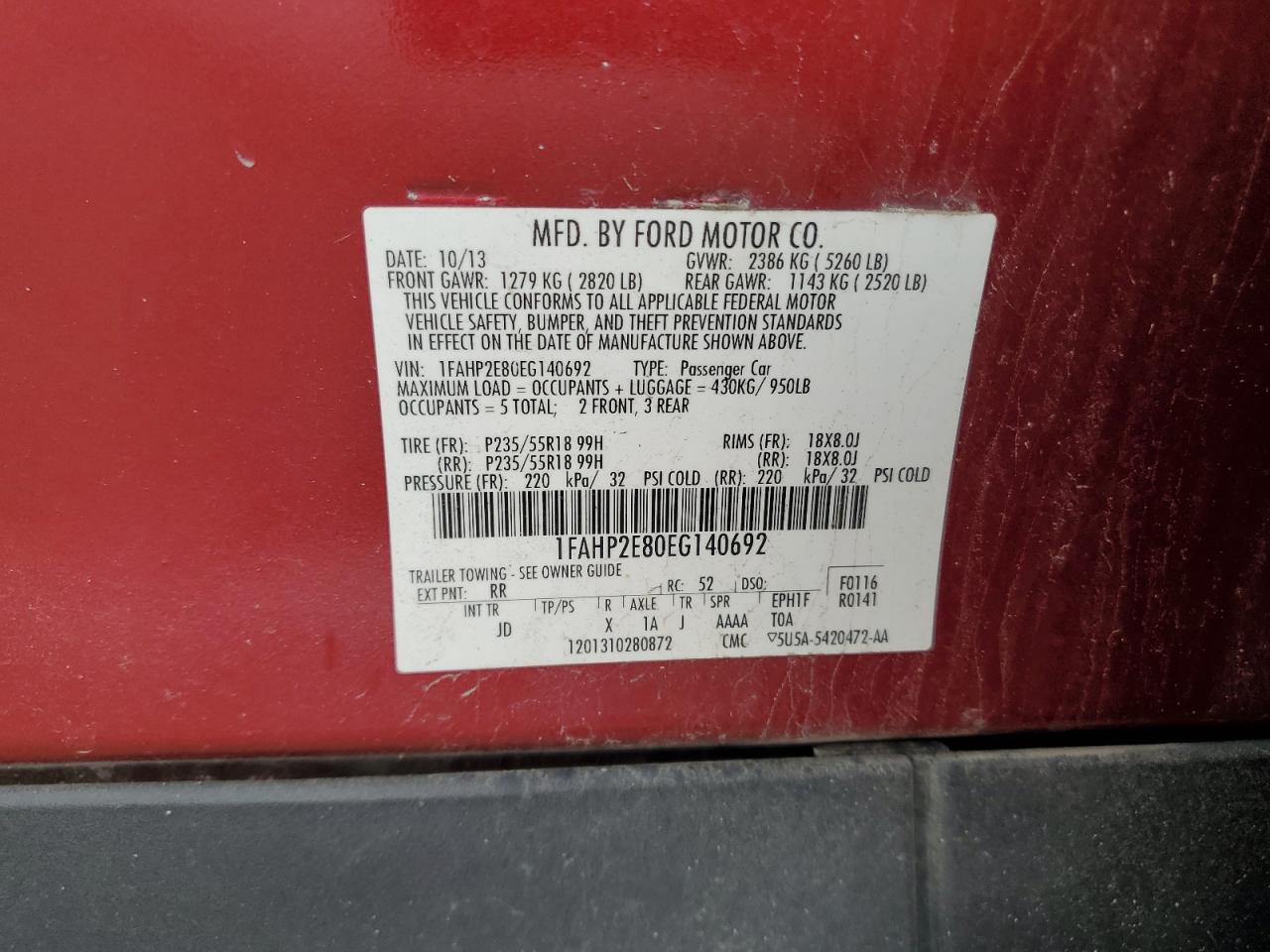 2014 Ford Taurus Sel VIN: 1FAHP2E80EG140692 Lot: 65279625