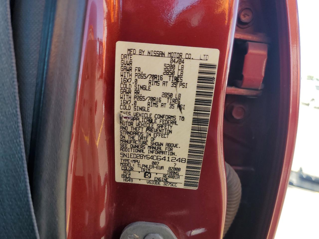 2004 Nissan Xterra Xe VIN: 5N1ED28Y64C641248 Lot: 63691985