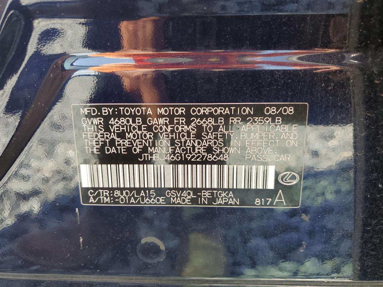 2009 Lexus Es 350 VIN: JTHBJ46G192278648 Lot: 65756065