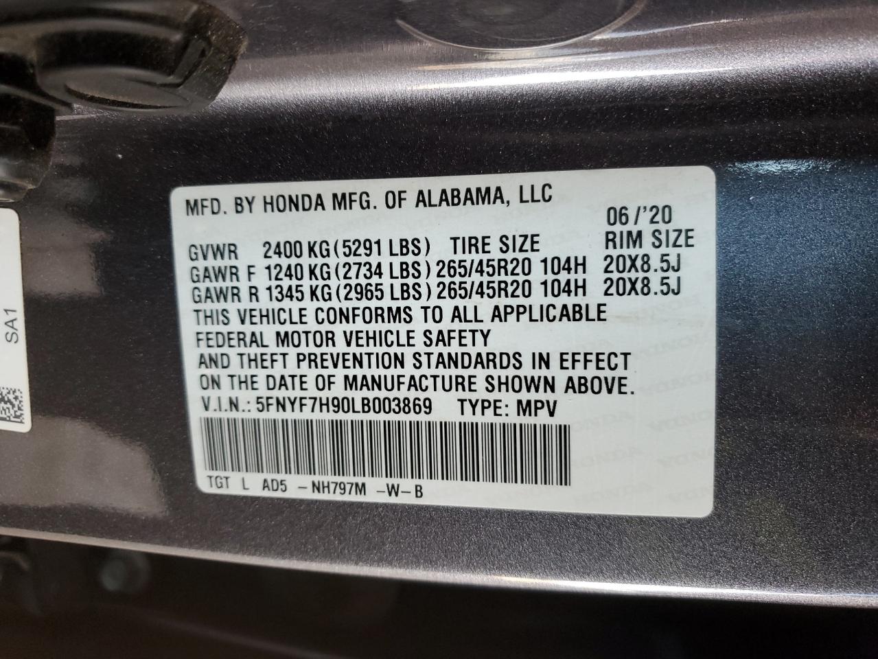 2020 Honda Passport Touring VIN: 5FNYF7H90LB003869 Lot: 63877165