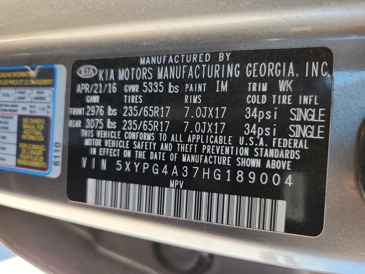 2017 Kia Sorento Lx VIN: 5XYPG4A37HG189004 Lot: 65416145