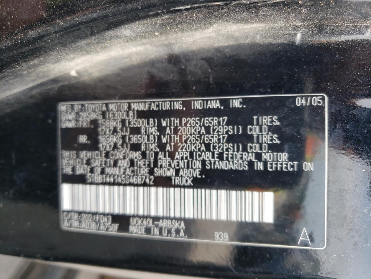 2005 Toyota Tundra Access Cab Sr5 VIN: 5TBBT44145S468742 Lot: 64125215
