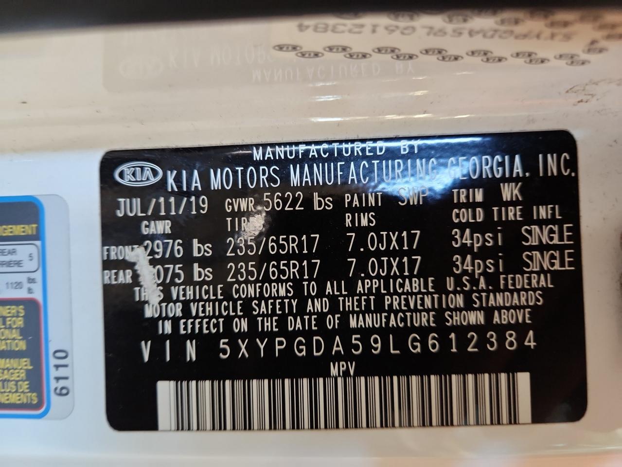 2020 Kia Sorento S VIN: 5XYPGDA59LG612384 Lot: 65360125