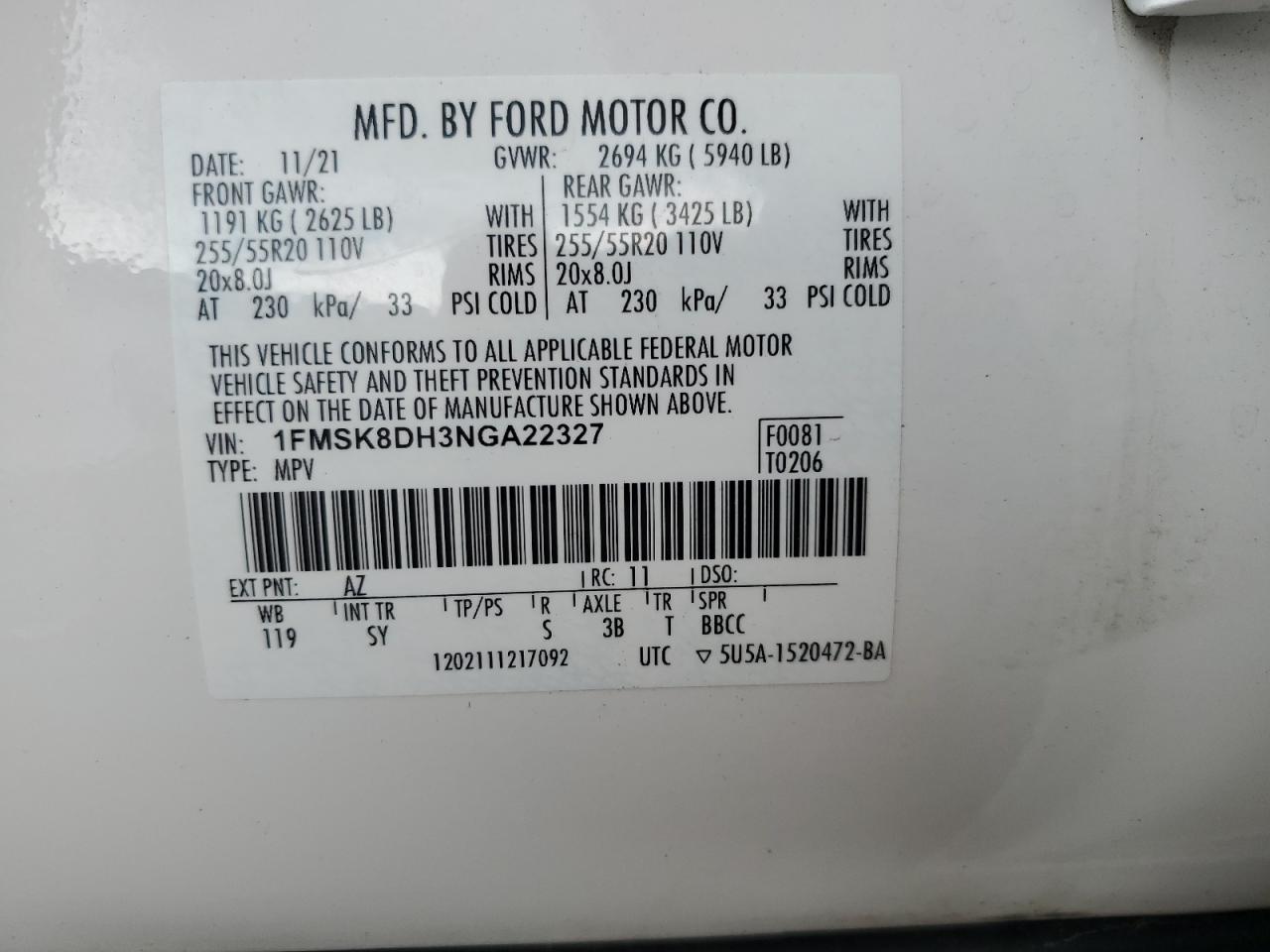 2022 Ford Explorer Xlt VIN: 1FMSK8DH3NGA22327 Lot: 63507645