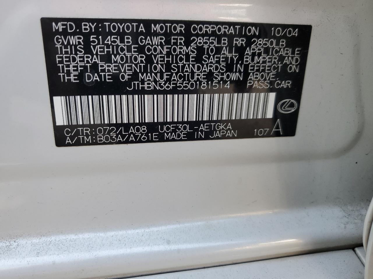 2005 Lexus Ls 430 VIN: JTHBN36F550181514 Lot: 64453805