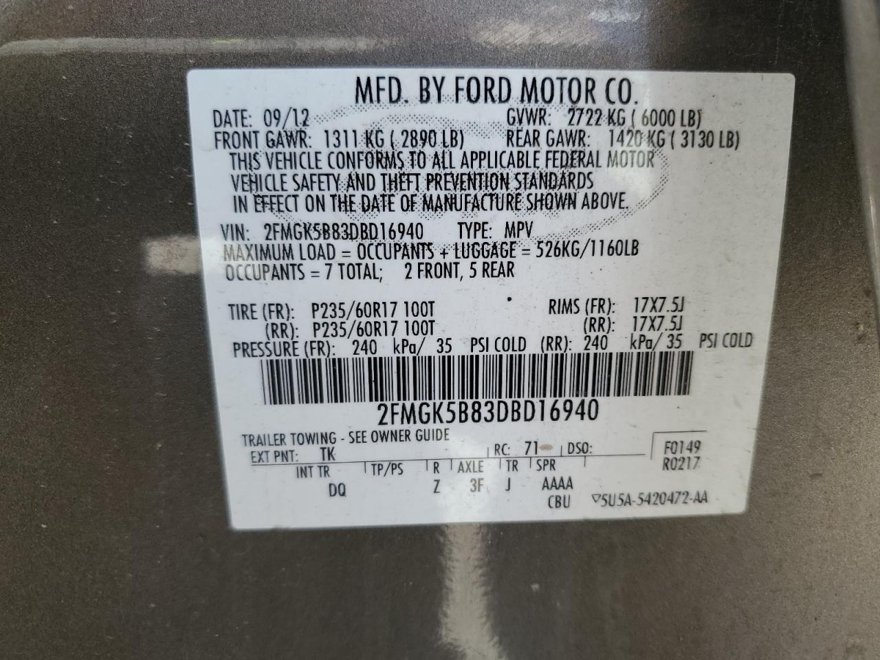 2013 Ford Flex Se VIN: 2FMGK5B83DBD16940 Lot: 63878655