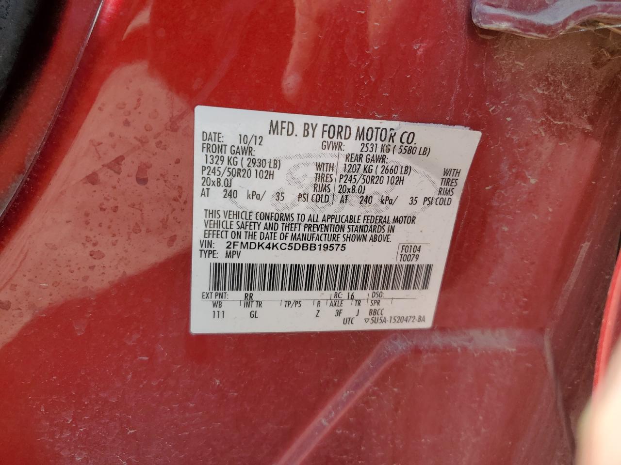 2013 Ford Edge Limited VIN: 2FMDK4KC5DBB19575 Lot: 63980985