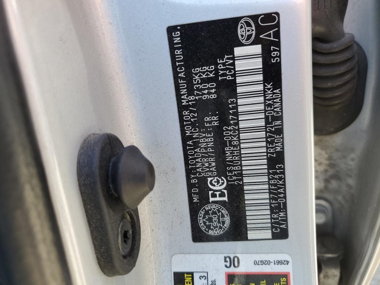 2t1burhe8kc217113 2T1BURHE8KC217113 2019 Toyota Corolla L